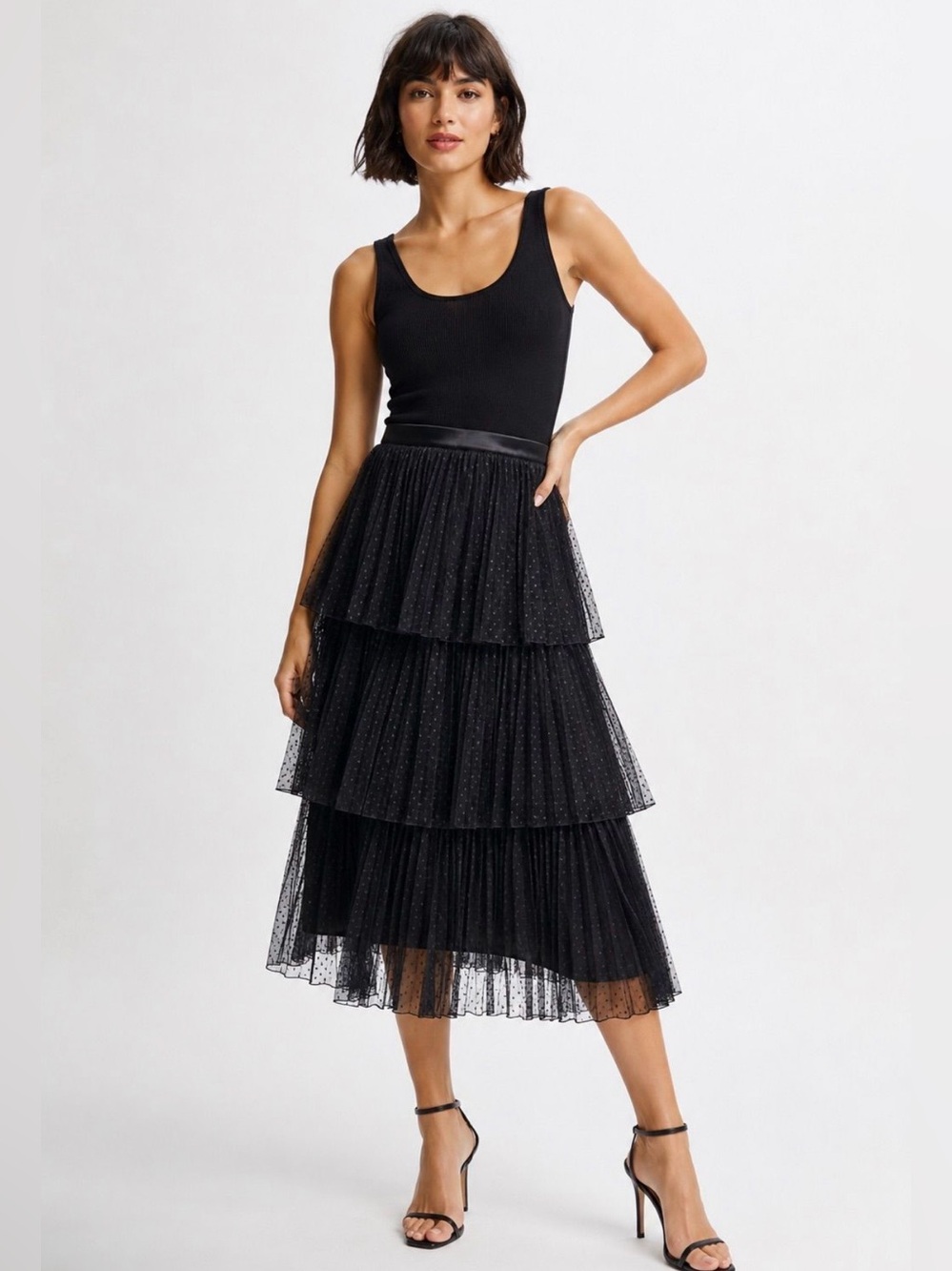 Intermix Women’s Black Silk Ruffle Tiered Midi Skirt Size 6